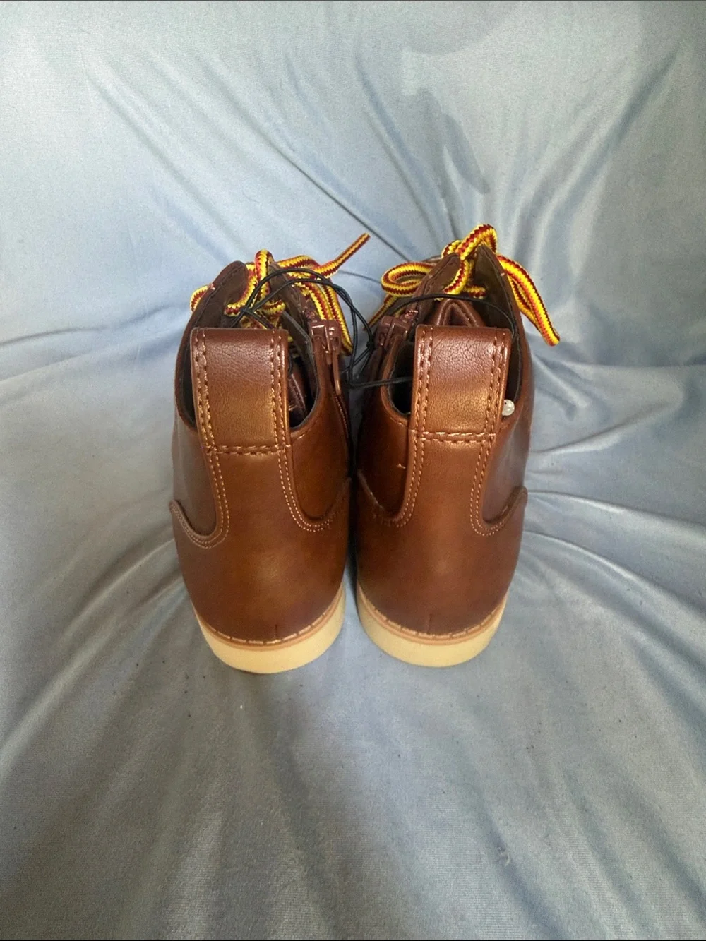 Cat and Jack Brown Leather Lace-Up Boots with Yellow-Red Laces and